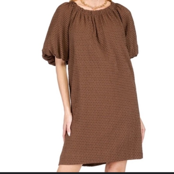 NWT Jade Gather Neck Tie Back Brown Textured‎ Dress - Brown XS - Picture 2 of 12